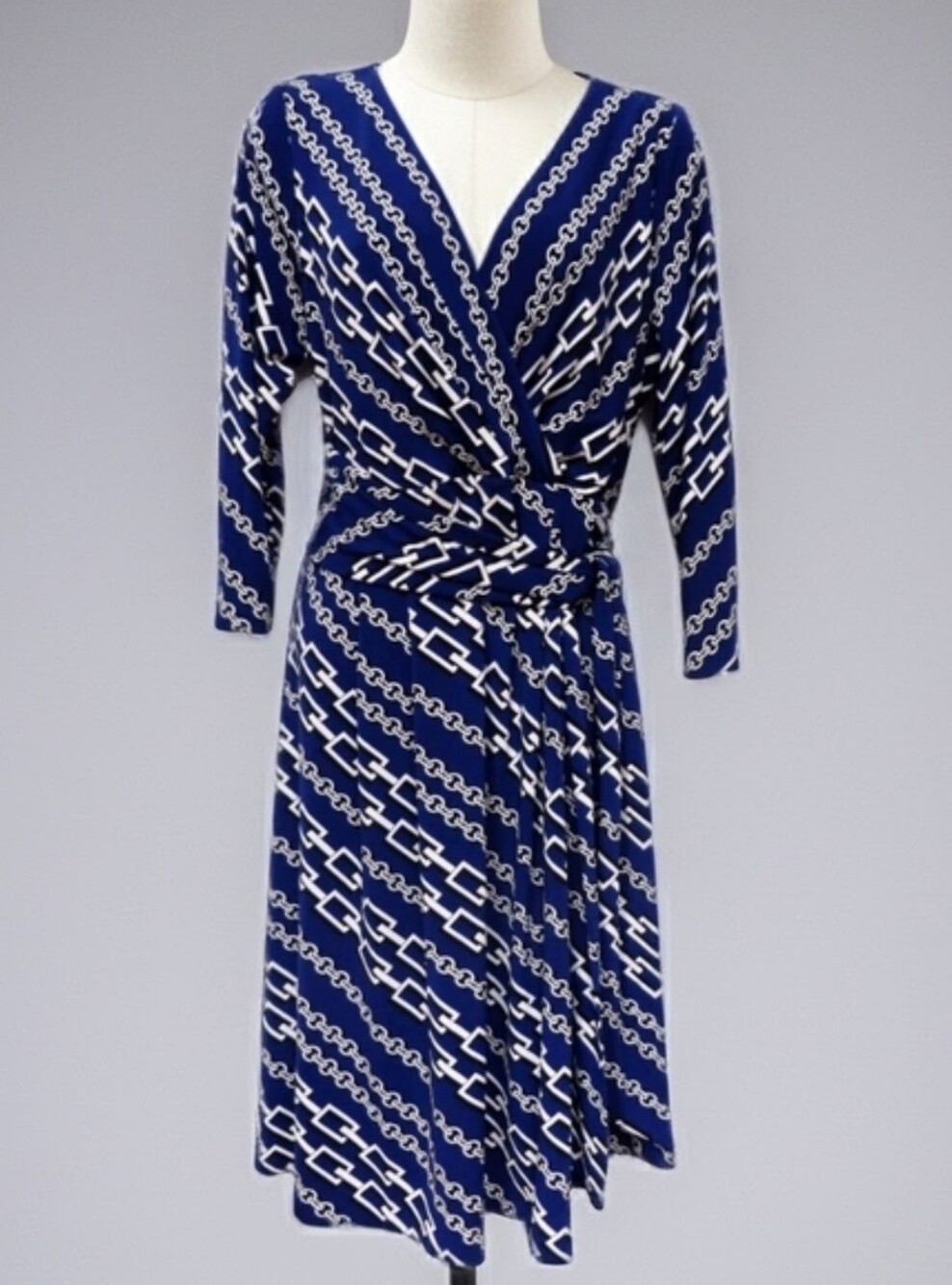 A Pea in the Pod Navy and White Chain-Print Wrap Maternity Dress